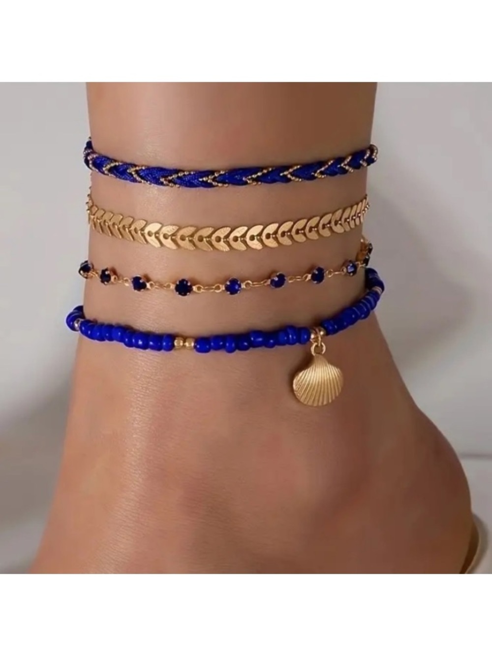 Seashell Royal Blue Beaded Multi Layer Gold Toned Anklet Set